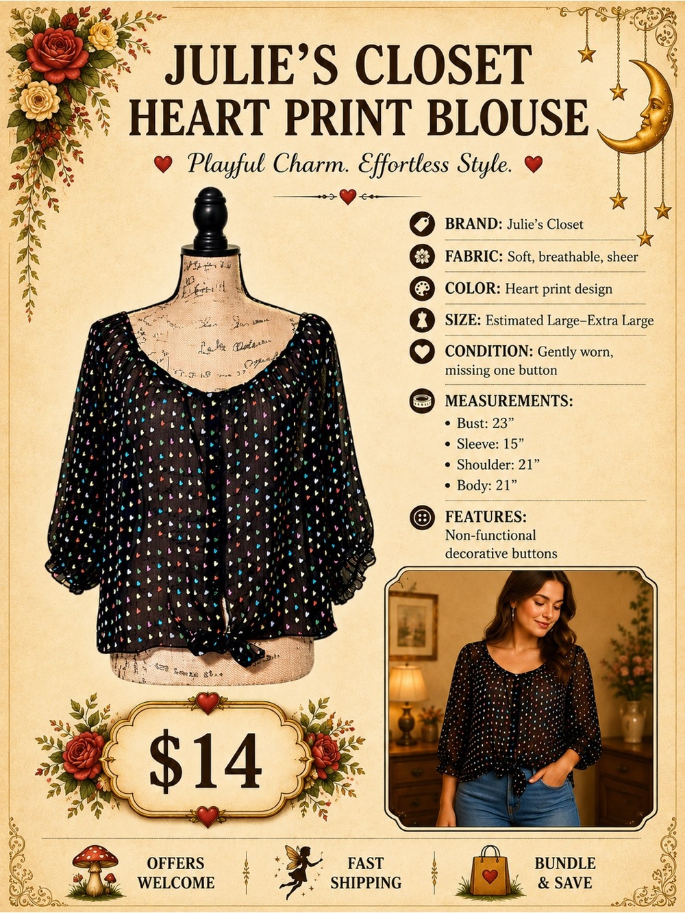 Julie's Closet Heart Print Sheer Blouse XL